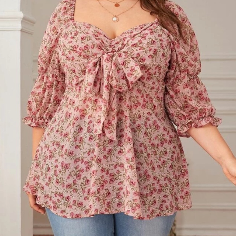 SweetHeart Neck Tie Front Floral Blouse